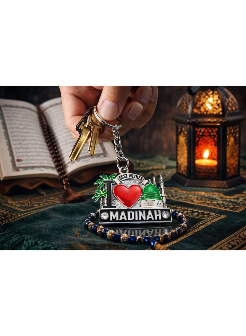 Exclusive ‘I Love Madinah’ Islamic Souvenir Keychain with Stunning Mosque and Palm Tree Design – Beautifully Crafted Silver-Toned Metal Keychain with Vibrant Green and Red Enamel Accents, Best Gift - Image 2